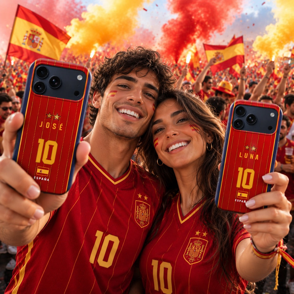 Pareja de aficionados españoles mostrando sus fundas personalizadas JOSÉ y LUNA con la camiseta de España