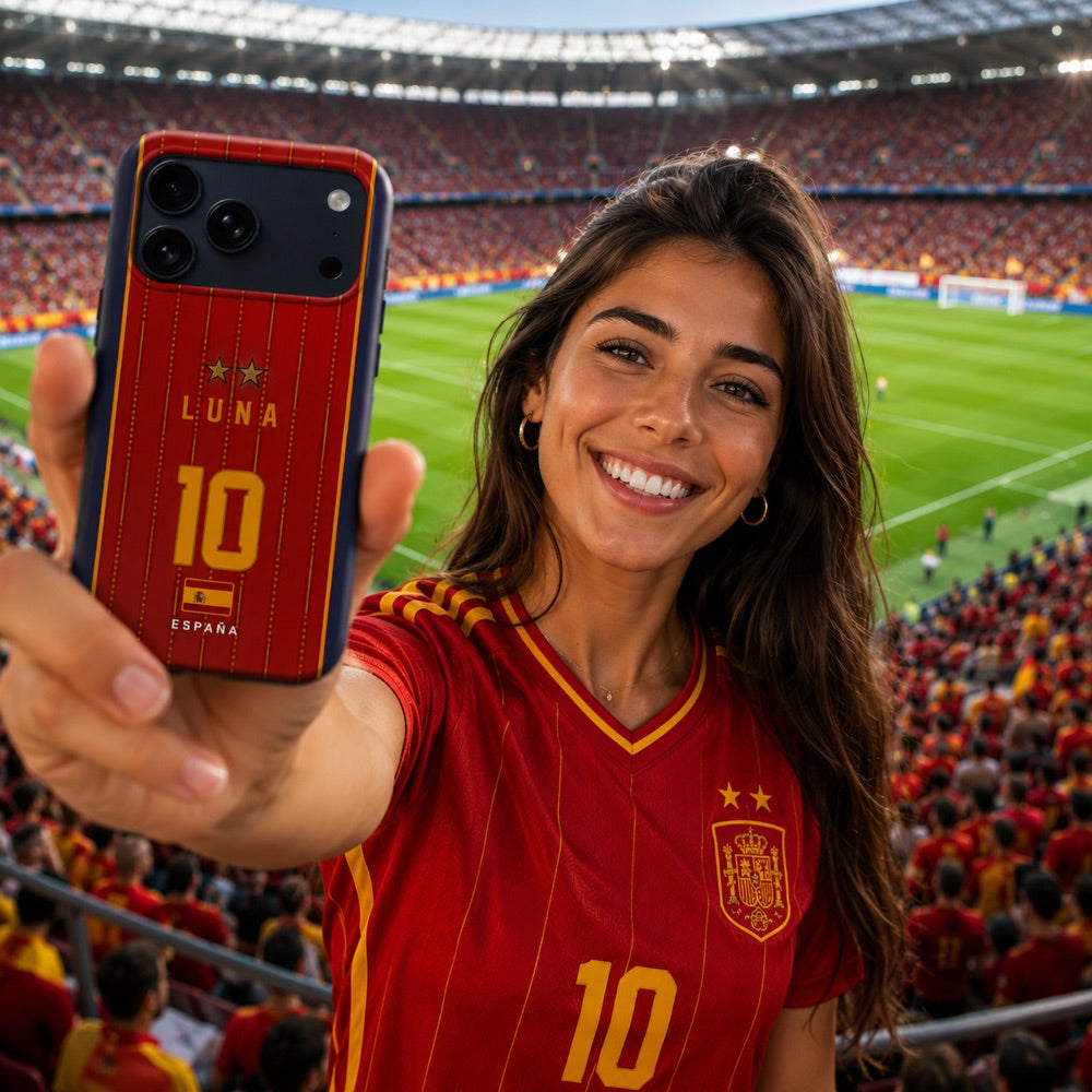 Aficionada española en el estadio mostrando su funda personalizada LUNA número 10