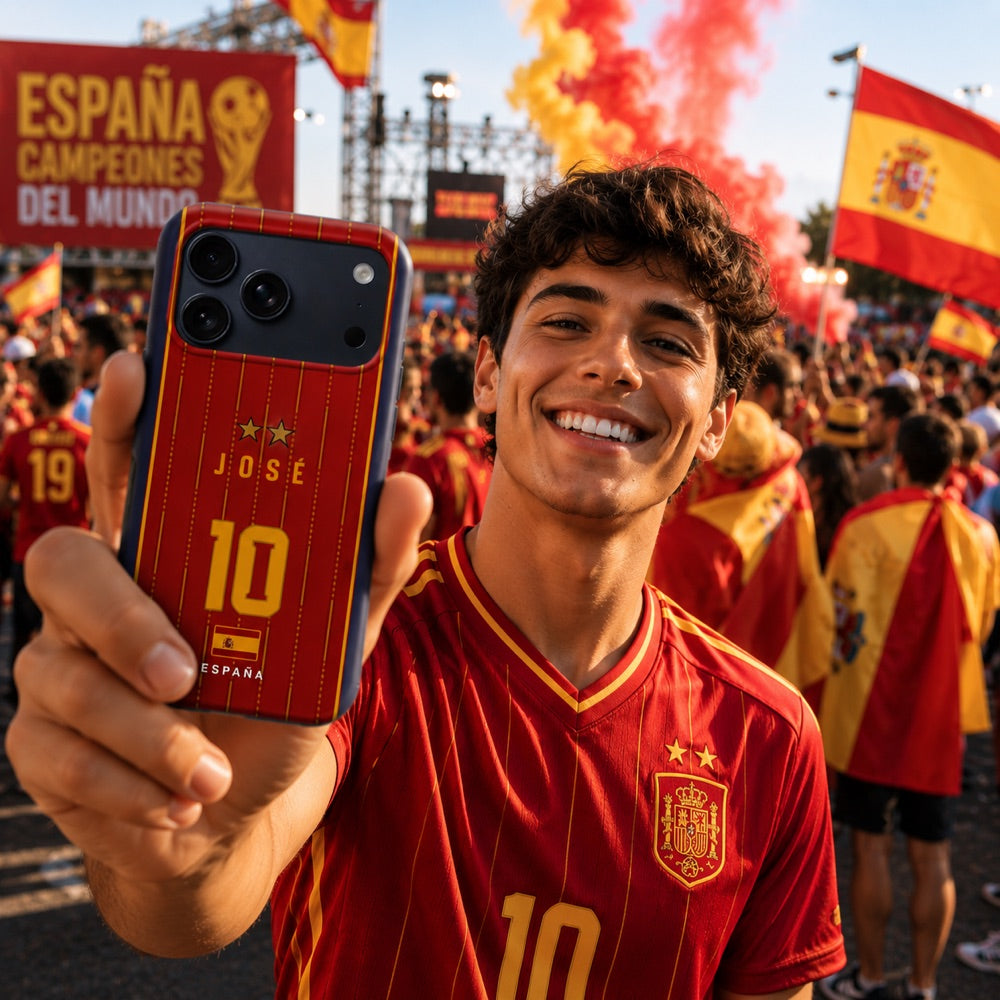 Aficionado español mostrando su funda personalizada JOSÉ número 10 en la fan zone